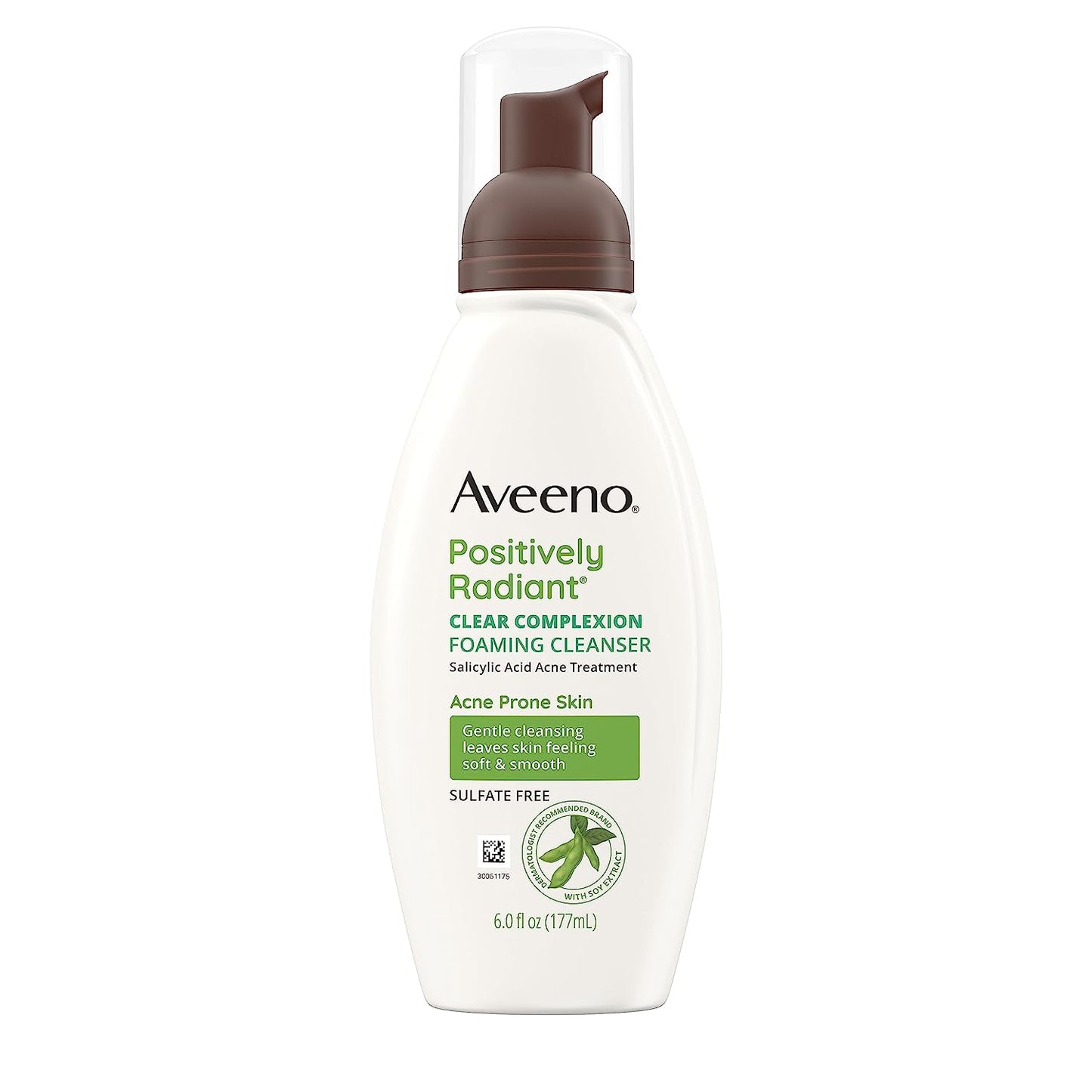 Aveeno Clear Complexion Foaming Oil-Free Facial Cleanser with Soy Extract & 0.5% Salicylic Acid, Acne Treatment Face Wash for Acne-Prone Skin, Sulfate-Free & Hypoallergenic, 6 Fl. Oz