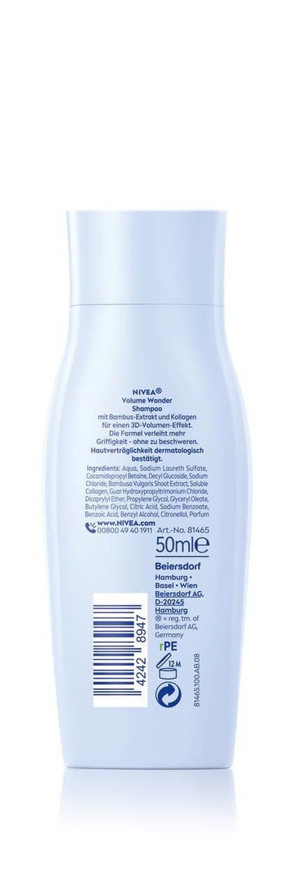 NIVEA Volume Wonder Kräftigendes Shampoo, Volumen Shampoo Mit Kollagen Und Natürlichem Bambus-Extrakt, Silikonfreies Haarshampoo Für Sichtbares Volumen Und Strahlenden Glanz (50 Ml)