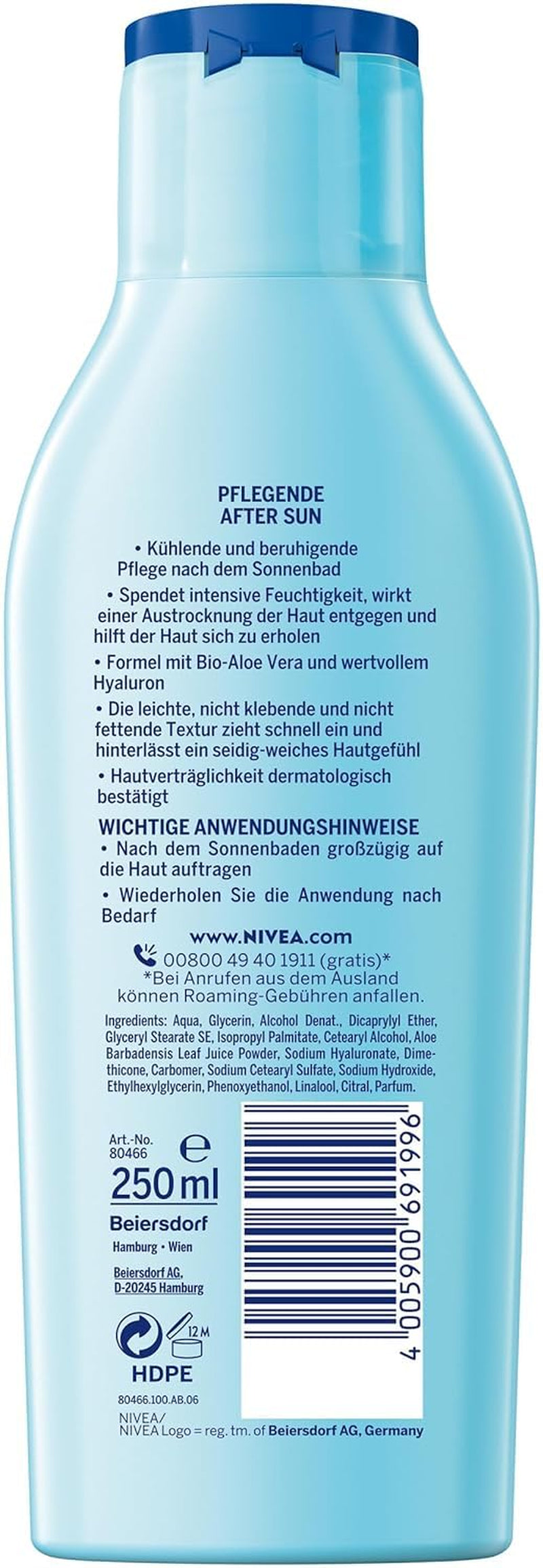 NIVEA SUN Pflegende after Sun Lotion (250 Ml), Lotion Mit Hautberuhigender Wirkung Nach Dem Sonnenbad, after Sun Mit Bio-Aloe Vera Und Hyaluron Für 48H Feuchtigkeit