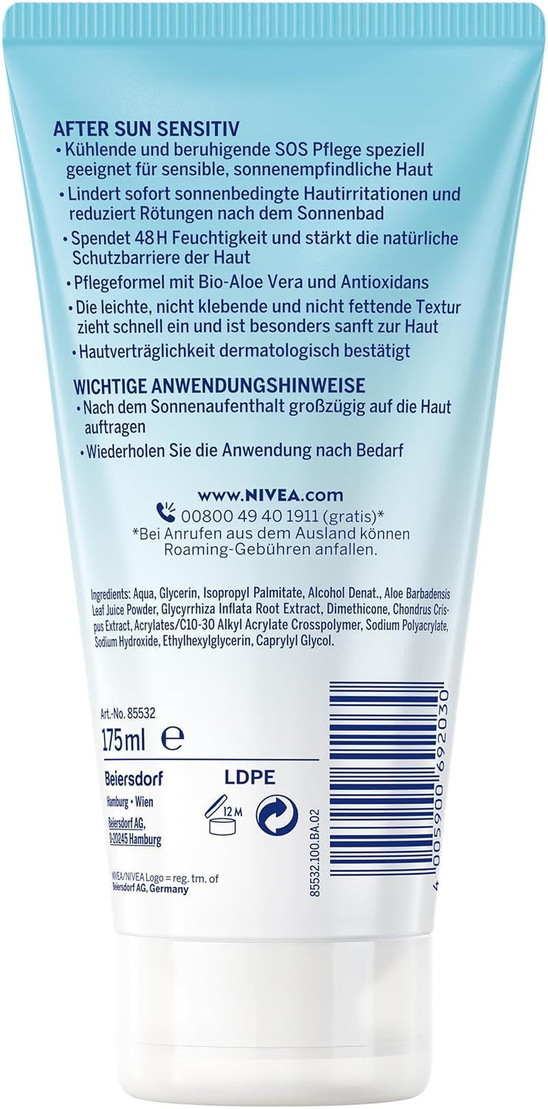 after Sun Sensitiv SOS Creme-Gel (175 Ml), Kühlende SOS Pflege Mit Hautberuhigender Wirkung, Hautgel Mit Bio-Aloe Vera Und Antioxidans Für Sensible Haut