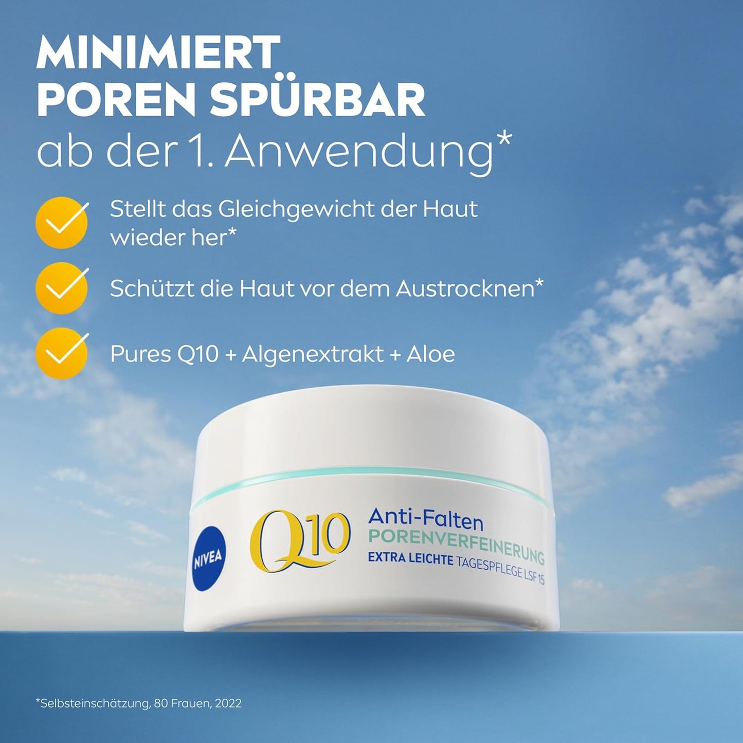 NIVEA Q10 Anti-Falten PORENVERFEINERUNG Extra Leichte Tagespflege, Straffende Tagescreme Mit LSF 15, Gesichtspflege Für Mischhaut Mit Q10, Algenextrakt Und Aloe (50 Ml)