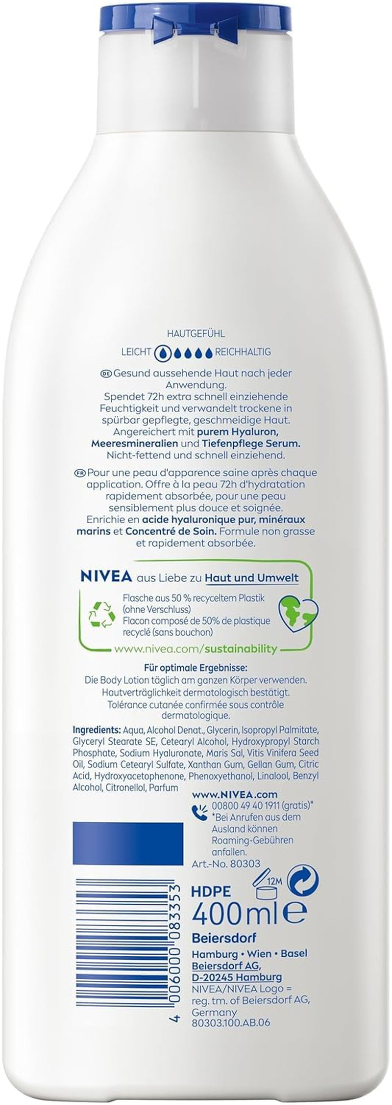 NIVEA Express Body Lotion, Extra Schnell Einziehende Körperlotion, Körpercreme Mit Purem Hyaluron, Meeresmineralien Und NIVEA Tiefenpflege Serum (400 Ml)