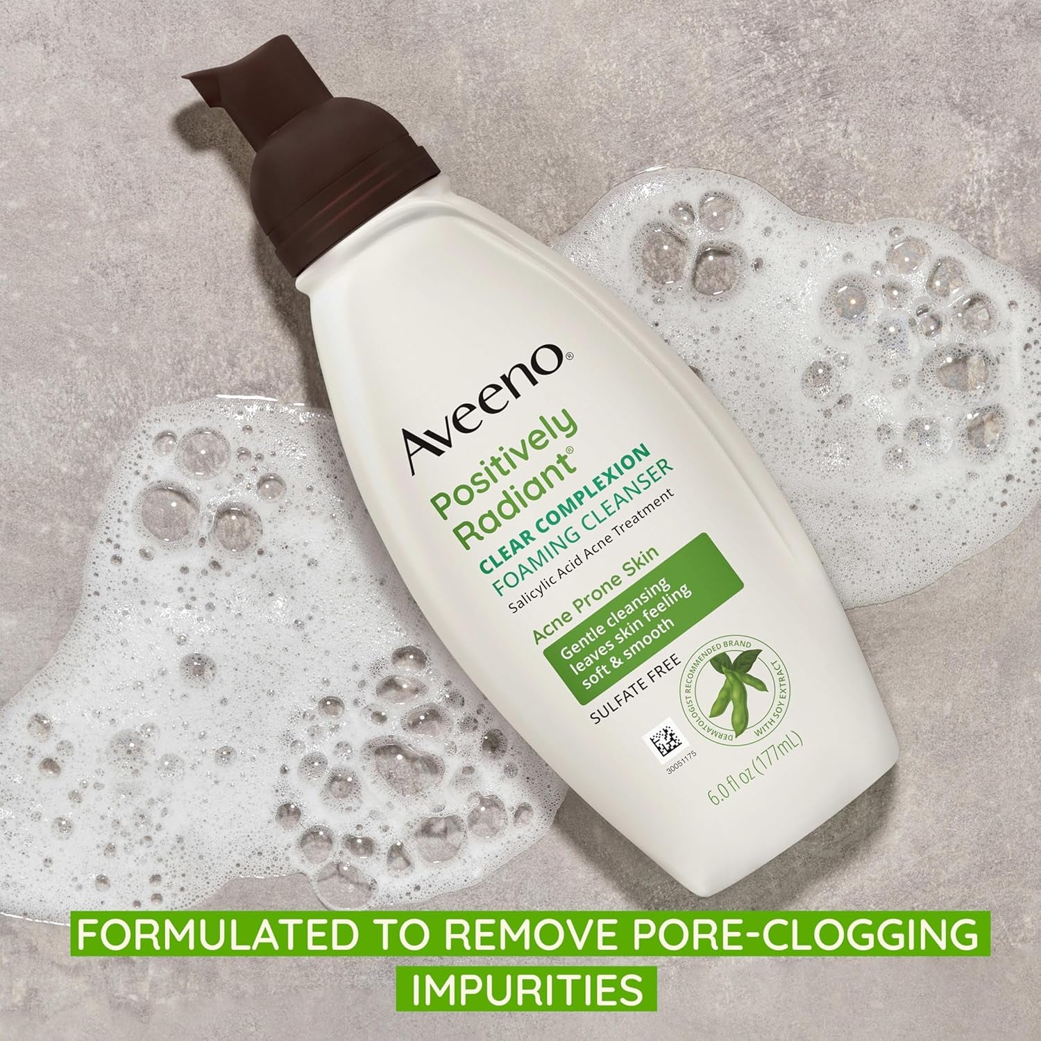 Aveeno Clear Complexion Foaming Oil-Free Facial Cleanser with Soy Extract & 0.5% Salicylic Acid, Acne Treatment Face Wash for Acne-Prone Skin, Sulfate-Free & Hypoallergenic, 6 Fl. Oz