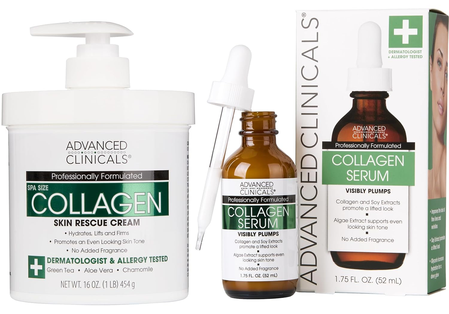 Collagen Body Cream and Face Serum Set - Unscented Formula for All Skin Types, Reduces Wrinkles and Dryness
