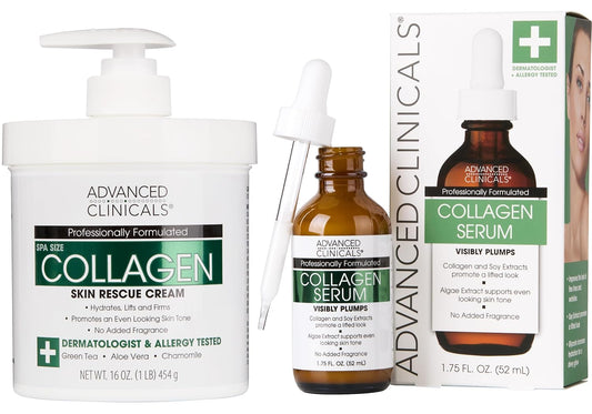 Collagen Body Cream and Face Serum Set - Unscented Formula for All Skin Types, Reduces Wrinkles and Dryness