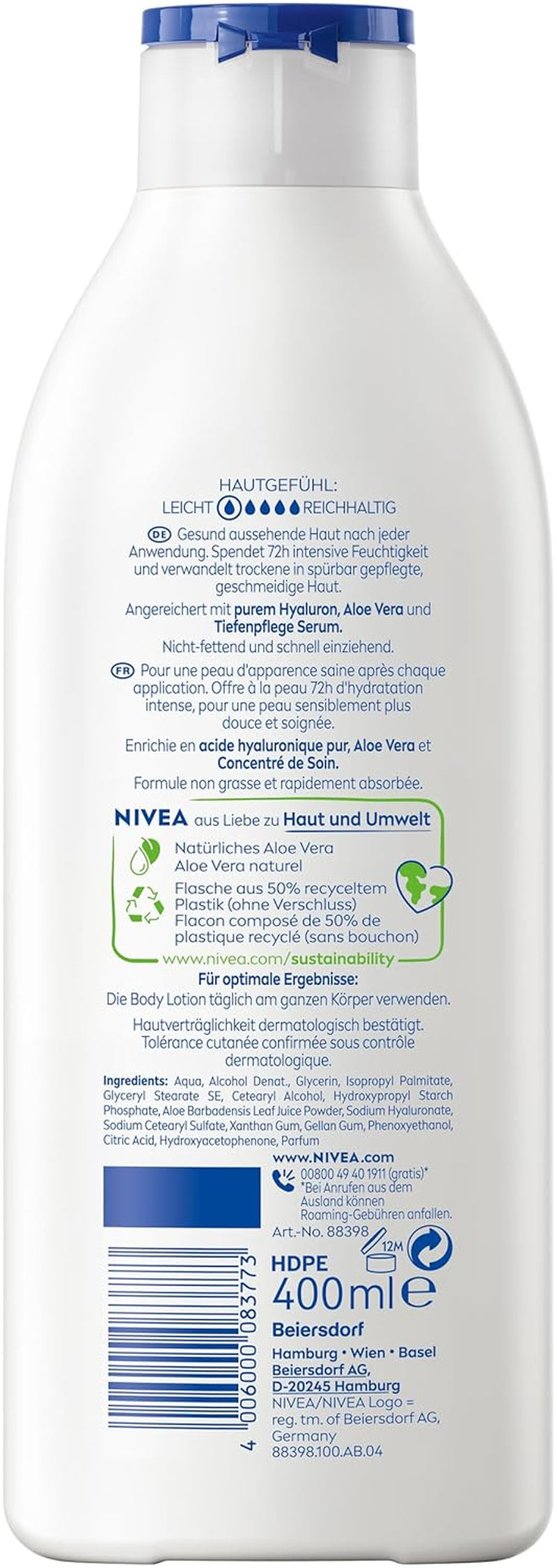 NIVEA Body Lotion Aloe & Pflege, Körpercreme Mit Tiefenpflege Serum Für 72H Feuchtigkeit, Körperlotion Mit Purem Hyaluron Und Aloe Vera Natürlichen Ursprungs(400 Ml)