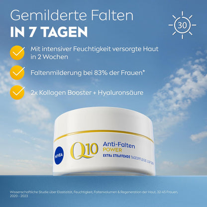 NIVEA Anti-Falten POWER Q10 Extra Straffende Tagespflege LSF 30, Gesichtspflege Mildert & Beugt Falten Vor, Straffende Tagescreme Mit Purem Q10, Kreatin & Hyaluronsäure (50 Ml)