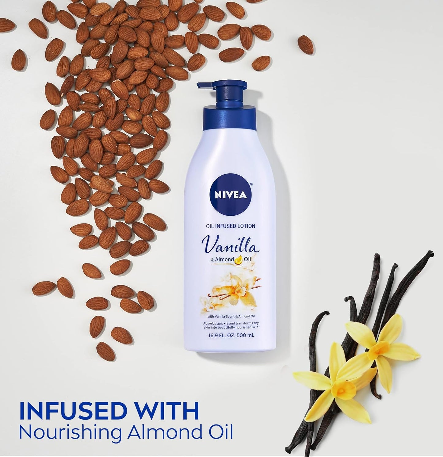 NIVEA Oil Infused Vanilla and Almond Oil Body Lotion for Women, Fast-Absorbing and Non-Greasy Vanilla Scented Lotion Moisturizes for 48 Hours, 16.9 Fl Oz Pump Bottle, Pack of 3