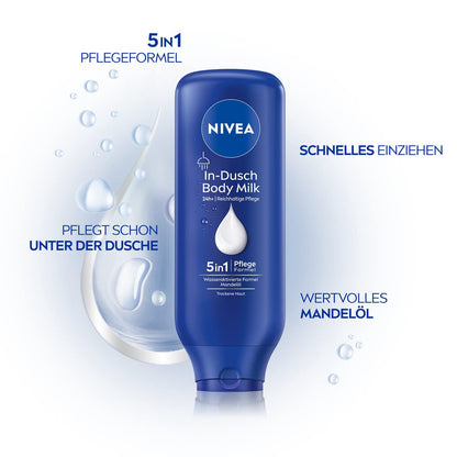 NIVEA In-Dusch Body Milk (400 Ml), Körpercreme Mit Mandel-Öl Und Wasseraktivierter 5In1 Pflege Formel, Feuchtigkeitsspendende Body Lotion Für Die Dusche