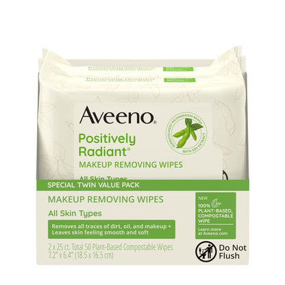 Aveeno Positively Radiant Alcohol Free Makeup Removing Face Wipes, Gentle Non-Comedogenic Facial Cleansing, 100% Plant Based Home Compostable, Sulfate Free, 50 Count (2 Packs of 25)