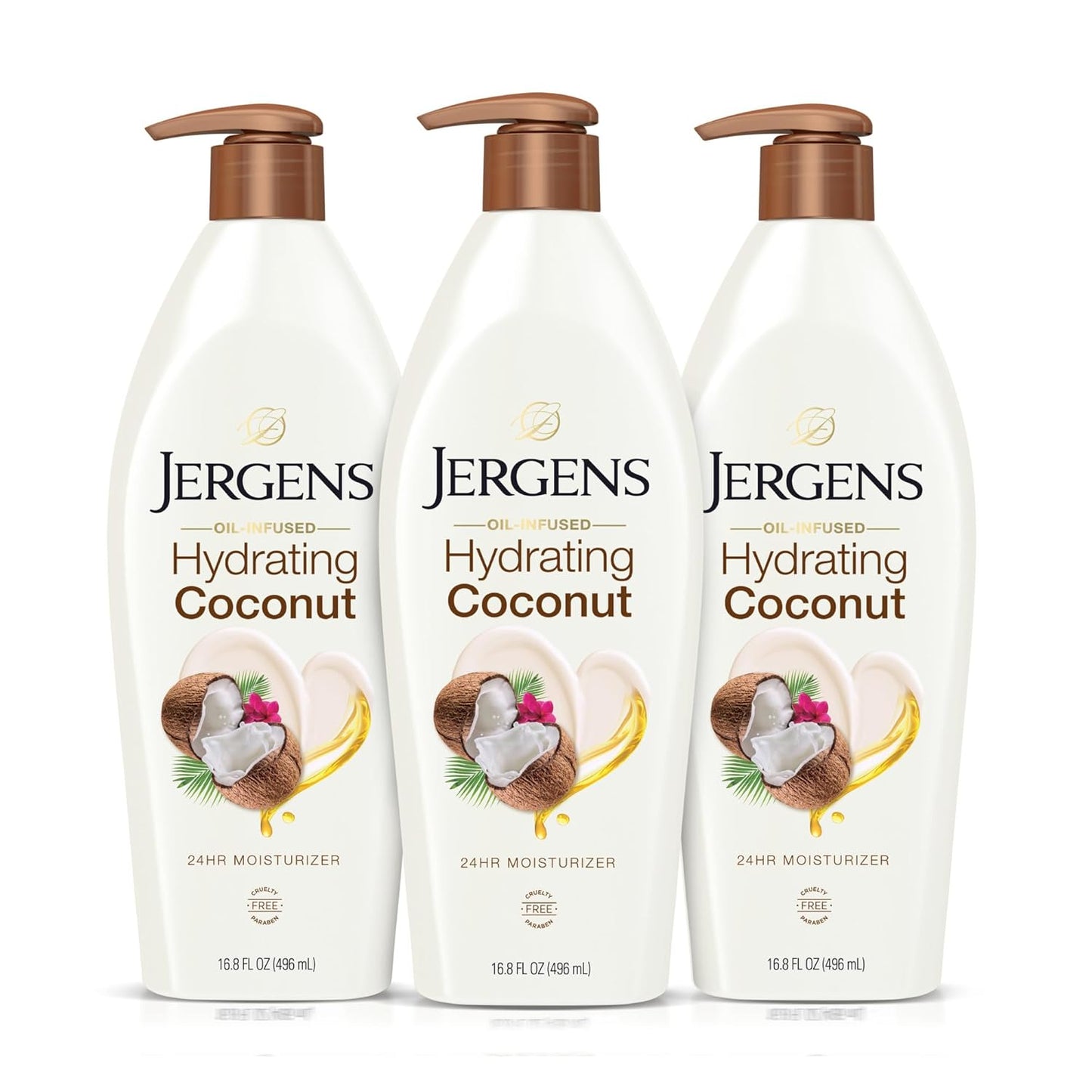Jergens Hydrating Coconut Body Lotion, Hand and Body Moisturizer, Infused with Coconut Oil, Hydrates Dry Skin Instantly, Dermatologist Tested, 16.8 Oz, Pack of 3