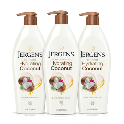Jergens Hydrating Coconut Body Lotion, Hand and Body Moisturizer, Infused with Coconut Oil, Hydrates Dry Skin Instantly, Dermatologist Tested, 16.8 Oz, Pack of 3