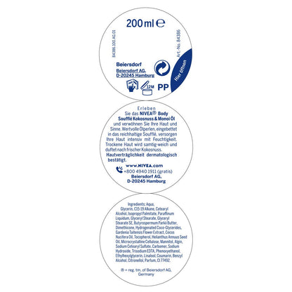 NIVEA Body Soufflé Kokosnuss & Monoi Öl (200 Ml), Körperpflege Für 24H Feuchtigkeit, Lotion Für Trockene Und Sehr Trockene Haut