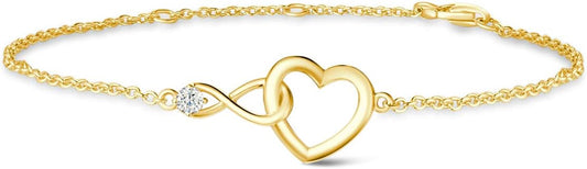 FANCIME Infinity Love Heart Necklace Bracelet 925 Sterling Sliver Gold Plated Dainty Simulated Diamond Jewelry Birthday Anniversary for Women Mom Her Wife Lady, Adjustable Chain