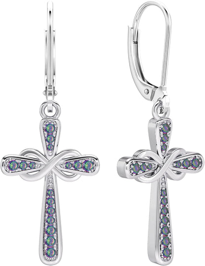 YL Cross Earrings 925 Sterling Silver Infinity Dangle Drop Earrings Birthstone Criss Leverback Jewelry