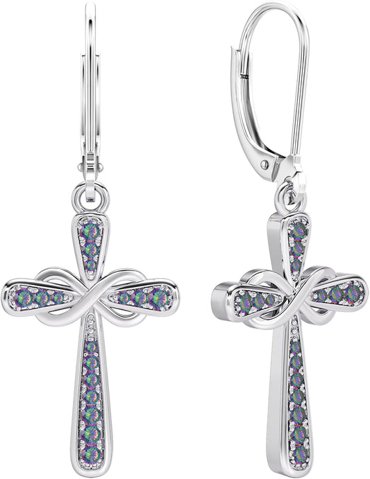 YL Cross Earrings 925 Sterling Silver Infinity Dangle Drop Earrings Birthstone Criss Leverback Jewelry