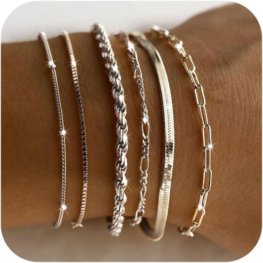 Dainty Silver Bracelets for Women Trendy, 925 Sterling Silver Jewelry Set for Women Bracelets for Women Paperclip Box Herringbone Figaro Rope Chain Bracelet Fashion Pack Gifts for Women Girls
