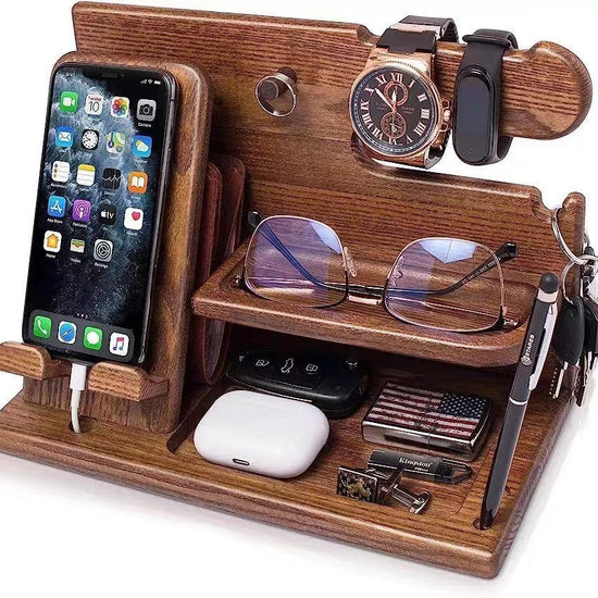 Solid Wood Desk Organizer Charger Phone Watch Glasses