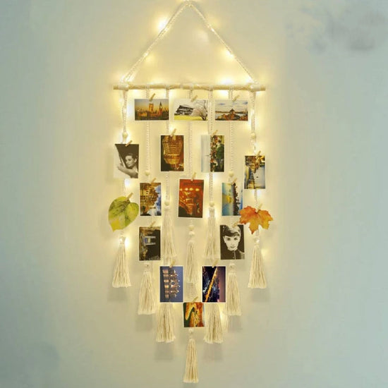 Rustic Wood Tassel Photo Display Wall Shelf