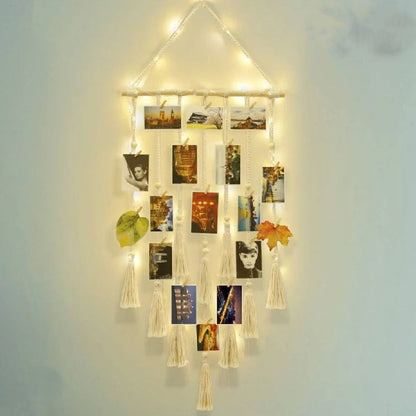 Rustic Wood Tassel Photo Display Wall Shelf